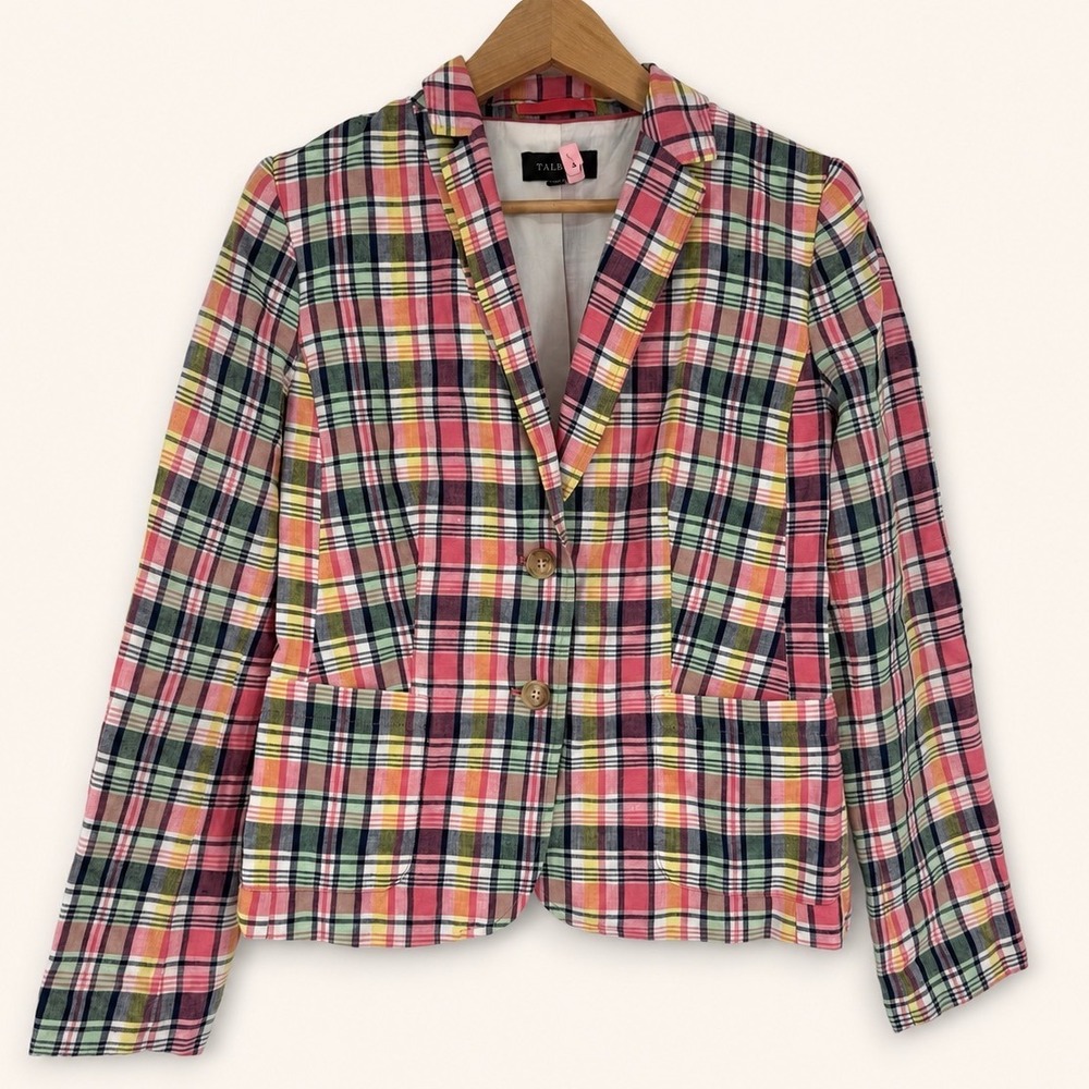 Talbots Women 8 Blazer Madras Plaid Linen Cotton Pink Jacket Nantucket Preppy